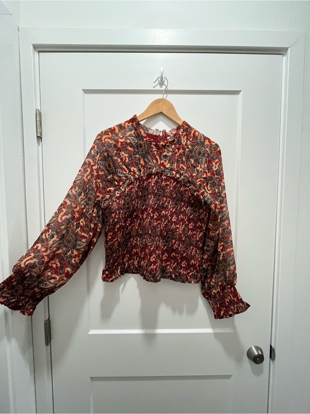 Smocked Ruffle-Neck Paisley Blouse in Burgundy Multi
